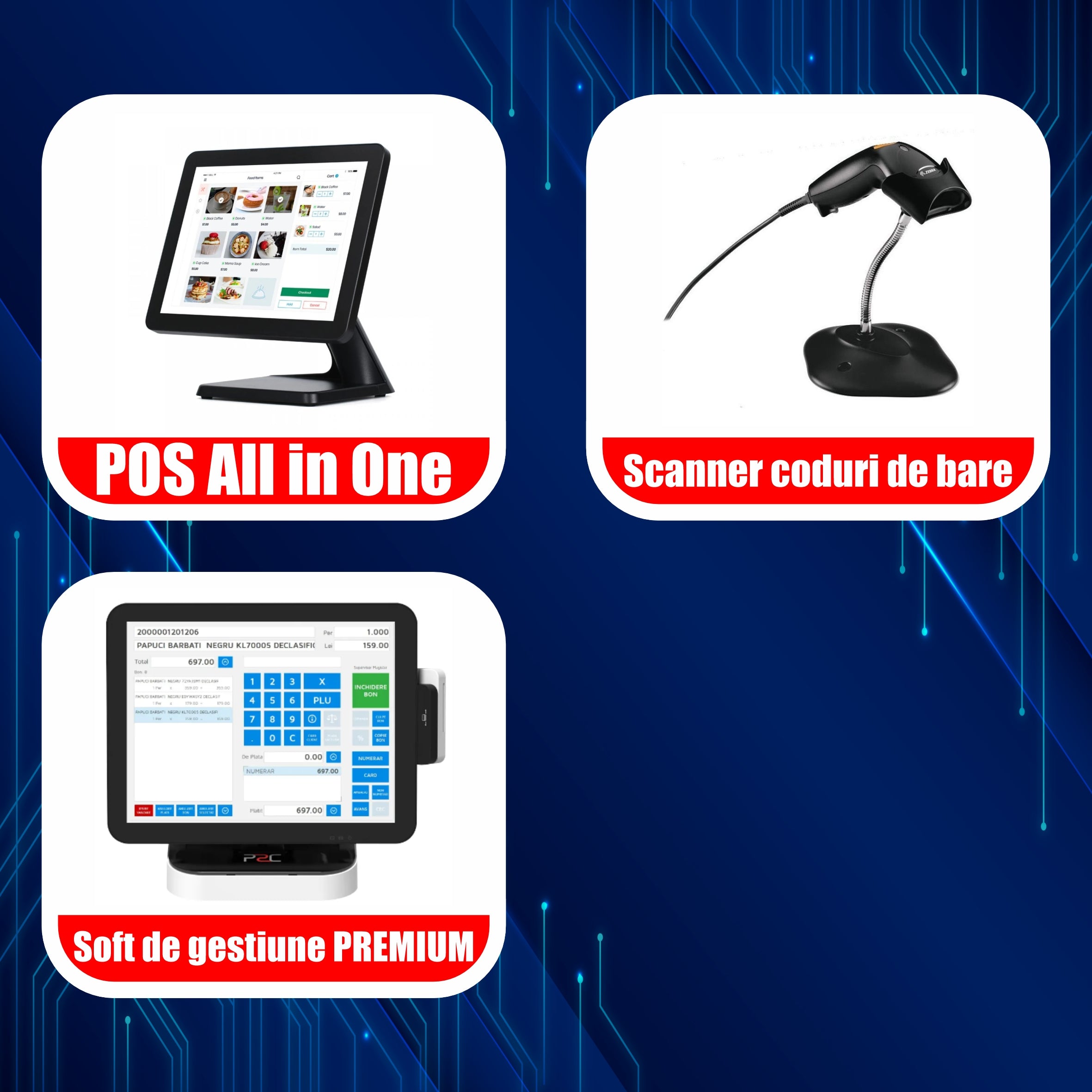 Pachet POS All in One Touchscreen + Soft de gestiune PREMIUM + Scanner coduri de bare