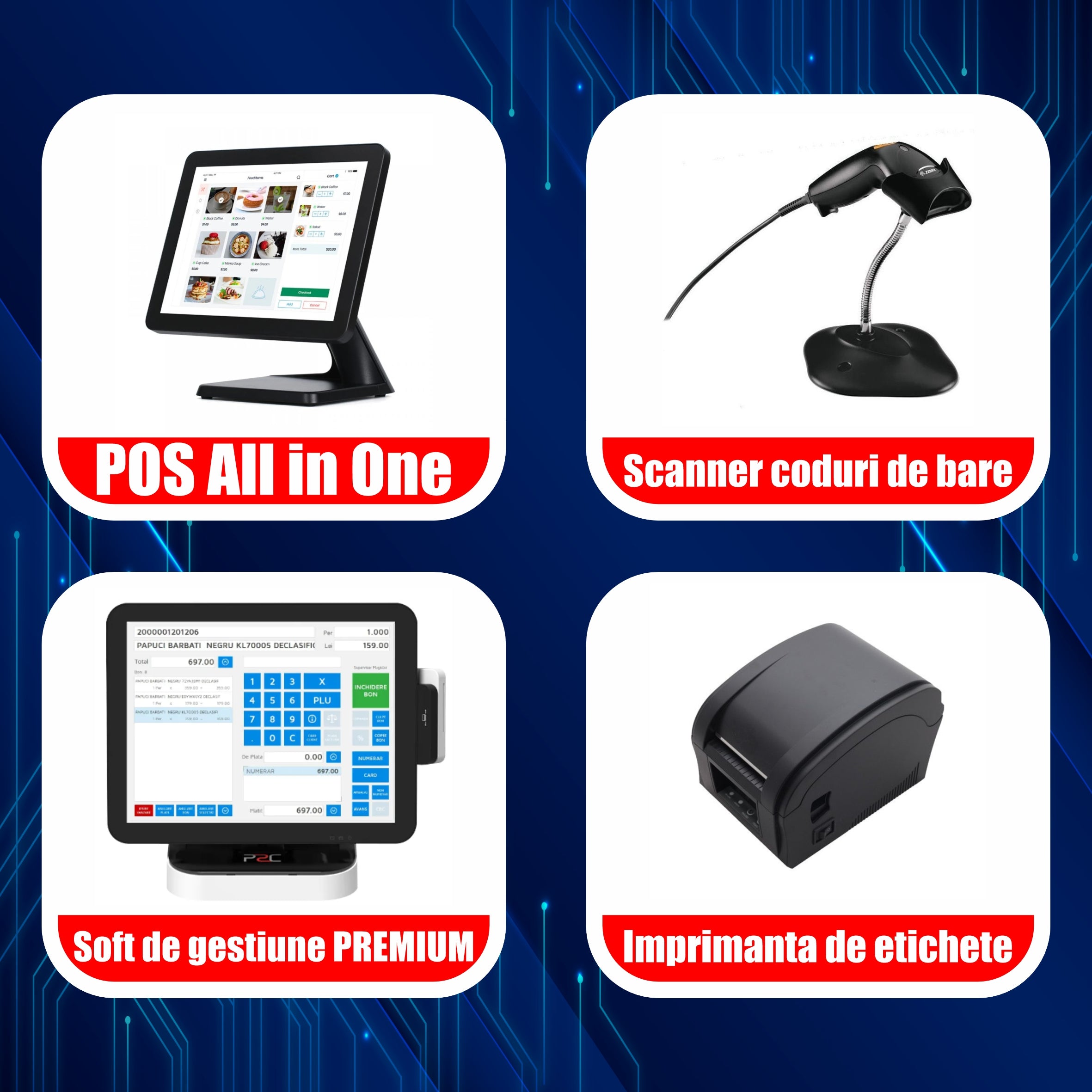 Pachet POS All in One Touchscreen + Soft de gestiune PREMIUM + Scanner coduri de bare + Imprimanta de etichete